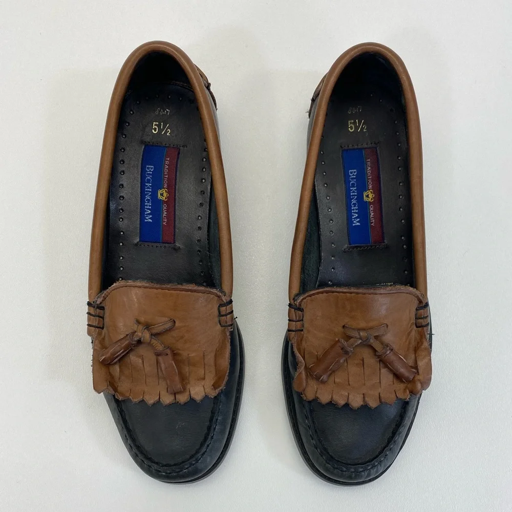 Buckingham Two-Tone Loafers Leather Brown Black Dress Shoe Mens 6.5 Womens 8